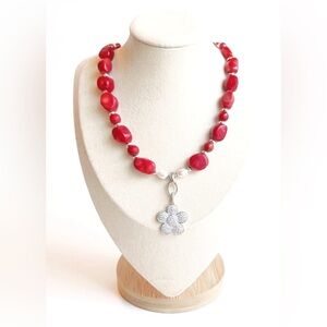 Elegant Vintage Italian Red Coral Necklace with Silver Flower Pendant
